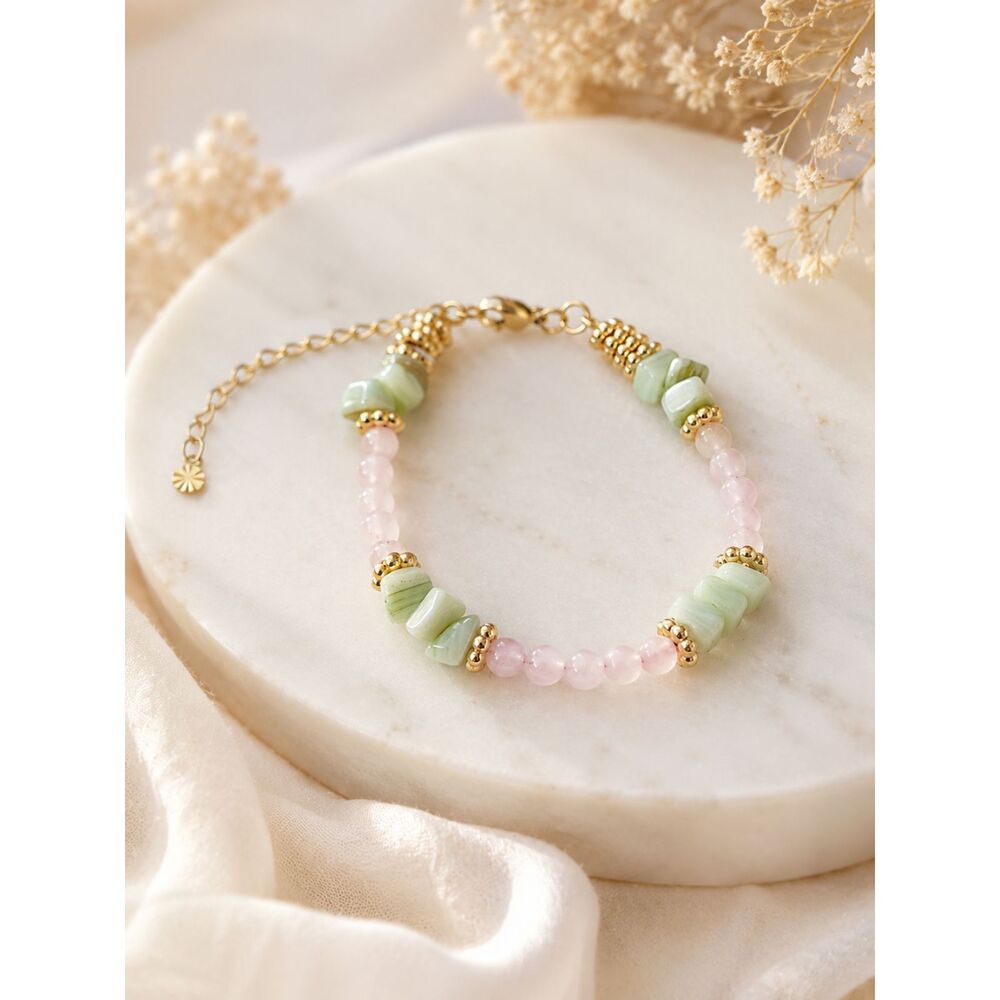 Rose Quartz and Jade Gold Bracelet Elegant Jewelry for Women